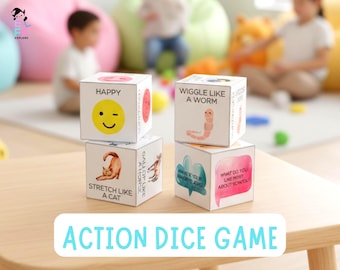 Action-Würfelspiel zum Ausdrucken für Kleinkinder | Tier, Gefühle & Fragewürfel