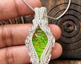AAA+ Ammolite Doublet Sterling Silver Wire Wrapped Pendant