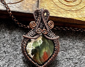 Pingente de Jaspe de Grau AAA, Colar com Pingente de Coração Feito à Mão com Fio de Cobre
