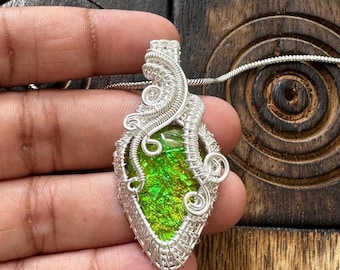 Ammolite Doublet Sterling Silver Wire Wrapped Pendant | Art Deco Jewelry