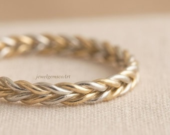 Anneau corde torsadée bicolore, anneau tressé en or et argent, anneau empilable minimaliste, alliance en métaux mélangés