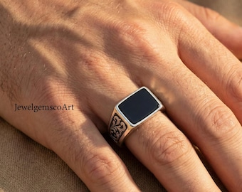 Vintage schwarzer Onyx Siegelring - Sterling Silber Rechteck Spirale Statement Ring