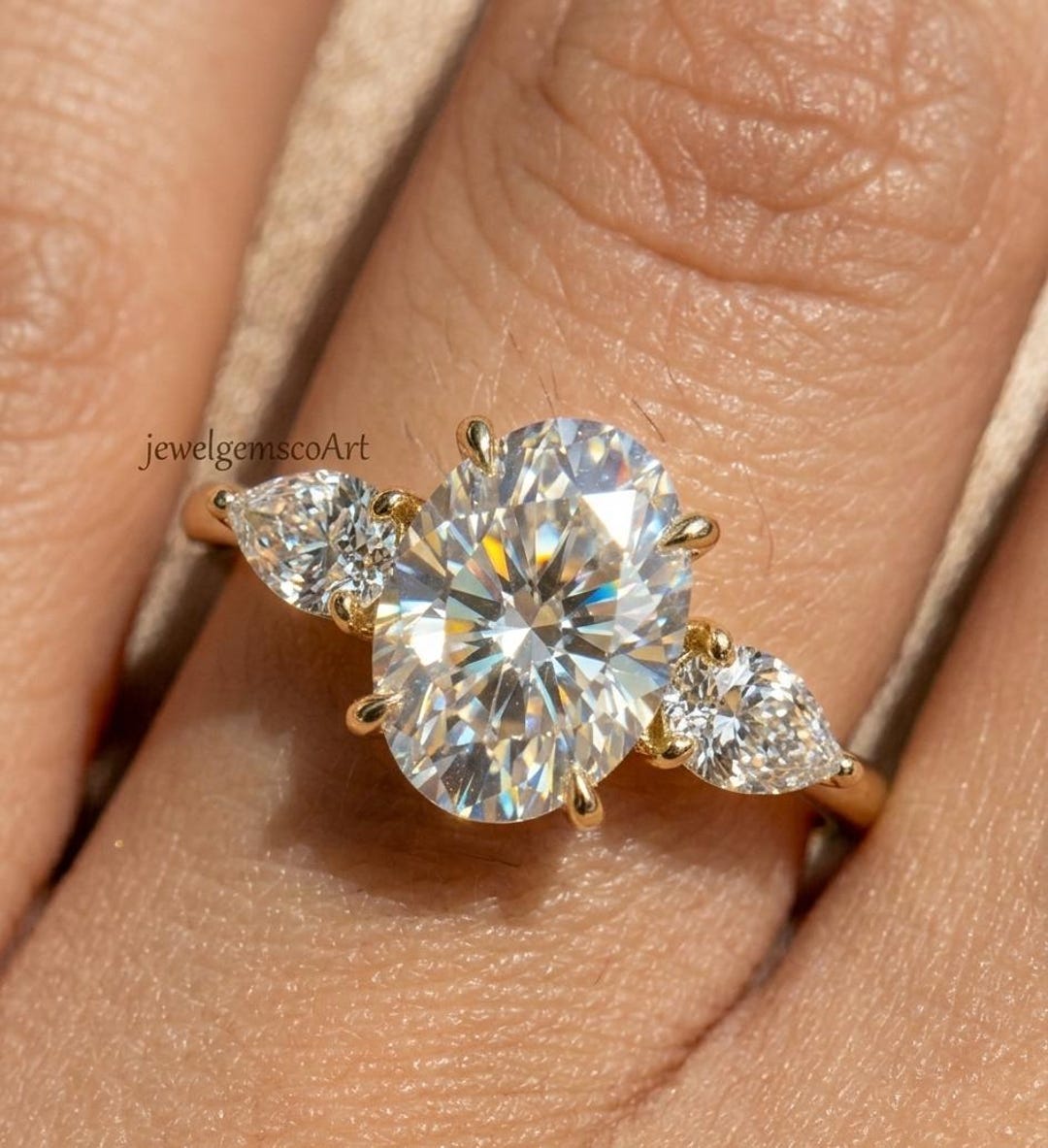 Oval Cut Moissanite Three Stone Engagement Ring, Gold Diamond Ring ...