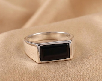 Bague chevalière en onyx noir - Argent sterling 925 rectangulaire, style minimaliste