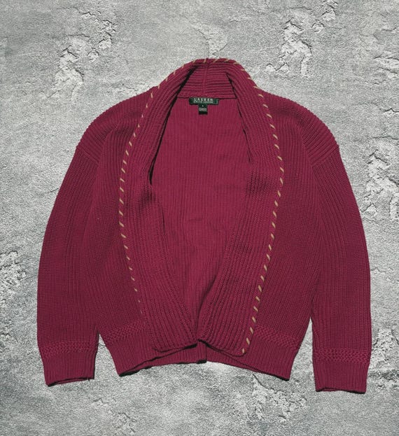 Lauren Ralph Lauren, LAUREN RALPH LAUREN Burgundy Chunky Knit Whipstitch Open Cardigan Sweater Size S