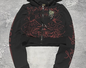 Ed Hardy x Urban Outfitters Love Kills Slowly Cropped Zip Up Hoodie Black S