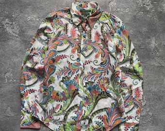 Koszula vintage Ralph Lauren z nadrukiem paisley w kolorze zielonym, nie wymagająca prasowania, rozmiar M