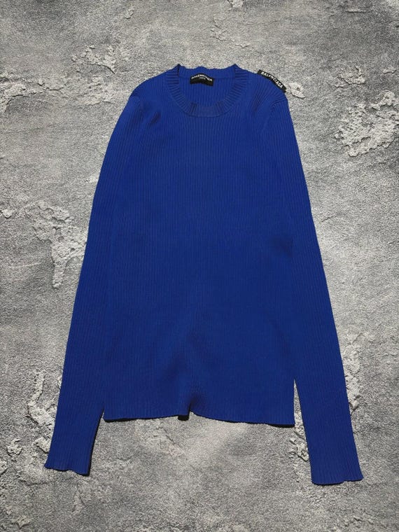 Balenciaga, BALENCIAGA Shoulder Logo Tag Ribbed Knit Top Sweater Blue Womens Cotton 2019