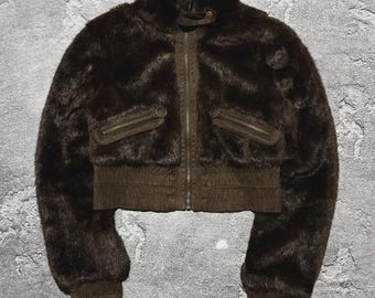 Crazy Vintage Roberto Cavalli Style Y2K Brown Suede Fur Mohair Cropped Bomber Jacket Size 10
