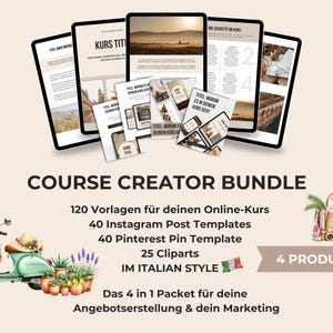 Könnte beinhalten: Ein digitales Produktpaket mit dem Text "COURSE CREATOR BUNDLE" und verschiedenen Vorlagen für Online-Kurse, Instagram und Pinterest. Enthält eine Aquarellillustration eines Rollers, Pflanzen und eines Hutes. Das Paket enthält 4 Produkte.