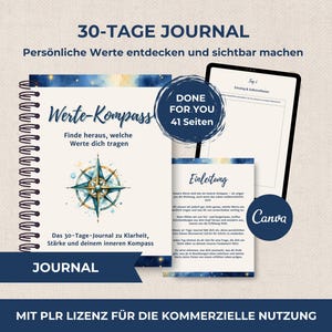 May include: A spiral-bound journal with the title "30-TAGE JOURNAL" and the text "Werte-Kompass". The cover features a compass rose design in blue and gold. Includes a tablet and a booklet with the text "Einleitung".