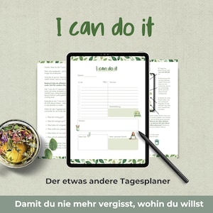 以下が含まれることがあります： 「I can do it」の文字が入ったタブレットに表示されたデジタルプランナー。プランナーには、To-Doリストとメモ欄があります。左下にはハーブと花が入ったティーカップがあります。「Der etwas andere Tagesplaner」の文字が下にあります。