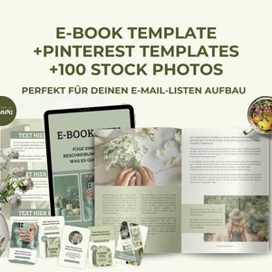 Könnte beinhalten: Eine E-Book-Vorlage mit Pinterest-Vorlagen und 100 Stockfotos. Das Bild enthält ein Tablet mit einem E-Book, einem offenen Buch und Karten. Eine Vase mit weißen Blumen und eine Tasse mit Blumen sind ebenfalls vorhanden. Der Text lautet "E-BOOK TEMPLATE + PINTEREST TEMPLATES +100 STOCK PHOTOS".