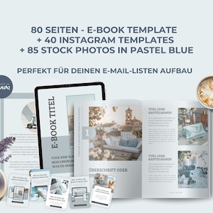Könnte beinhalten: Ein E-Book-Template mit 80 Seiten, 40 Instagram-Vorlagen und 85 Stockfotos in Pastellblau. Das Bild enthält ein Tablet, ein offenes Buch und mehrere Mockups. Eine Tasse Kaffee und eine Vase mit Lavendel sind ebenfalls vorhanden.