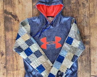 Repurposed Quilt Patchwork Hoodie: Blue Heather, Size Large