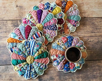 Vintage Quilted Hot Pads: Dresden Plate hot pads, 9 inch diameter, vintage quilts
