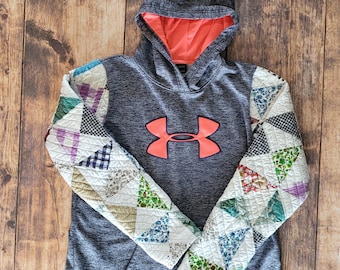 Repurposed Quilt Sleeve Hoodie: Colorful Patchwork, Size Large