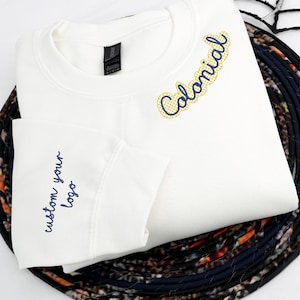Custom High School Mascot Embroidered Sweatshirt - College Spirit Sweatshirt with Logo on Sleeve - Embroidered Collar - Back To School Gift