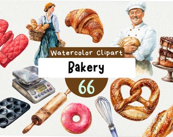 May include: Watercolor clipart featuring bakery items and a baker. Includes a croissant, pretzel, donut, bread, cake, rolling pin, whisk, oven mitts, and a digital scale. The text "Watercolor Clipart Bakery 66" is also present.