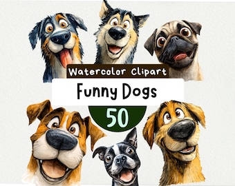 Funny Dog Face Clipart 50 PNG, Watercolor Silly Cartoon Puppy Illustrations, Cute Pet Instant Download, Digital Art Happy Dog Sticker