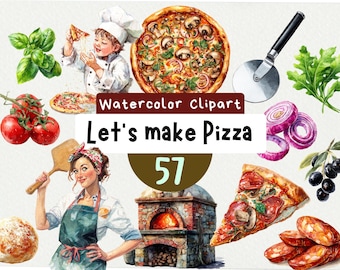 Aquarel pizza clipart, Italiaans eten illustraties (57 png) (directe download)