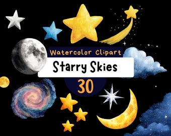 Starry Skies Watercolor Clipart, Moon, Galaxy (Digital Download)