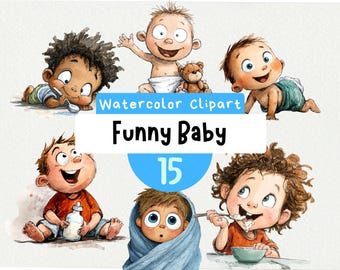 Funny Baby Clipart 15 PNG, Watercolor Cute Kids Playing, Eating, Laughing, Silly Baby Faces & Poses, Cartoon Style Art, Instant Download