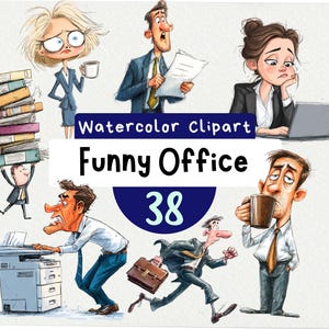 May include: Watercolor clipart featuring humorous office scenes. The image includes illustrations of stressed office workers, a person carrying a stack of books, and the text "Funny Office 38".