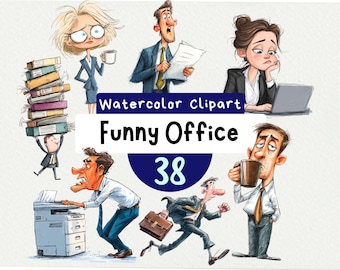 Clipart de acuarela de oficina divertida: personajes de dibujos animados PNG (descarga digital)
