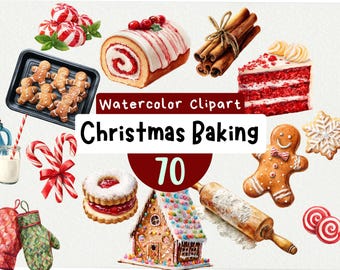 Watercolor Christmas Baking Clipart, Holiday Desserts (70 PNG) (Digital Download)