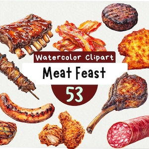 Peut inclure: Illustration à l'aquarelle de divers morceaux de viande cuits, notamment des côtes, du bacon, un burger, du poulet frit, des saucisses et un steak. L'image comprend le texte "Watercolor Clipart Meat Feast 53".
