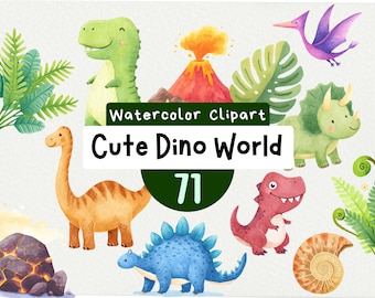 Cute Dino World Clipart 71 PNG, Watercolor Dinosaurs Illustrations, T-Rex Jungle Bundle, Instant Download, Digital Art for Cards & Crafts