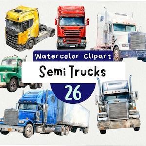 Watercolor Semi Trucks Clipart 26 PNG, Realistic Truck Graphics, Transport Vehicles, Logistics, Construction Theme, Instant Download