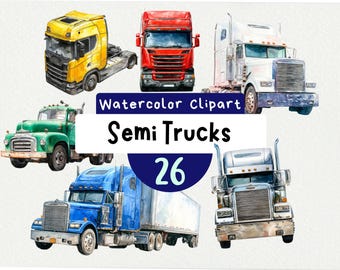 Watercolor Semi Trucks Clipart 26 PNG, Realistic Truck Graphics, Transport Vehicles, Logistics, Construction Theme, Instant Download