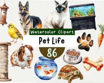 Set di clipart ad acquerello di Pet Life - 86 PNG, Animali (download immediato)