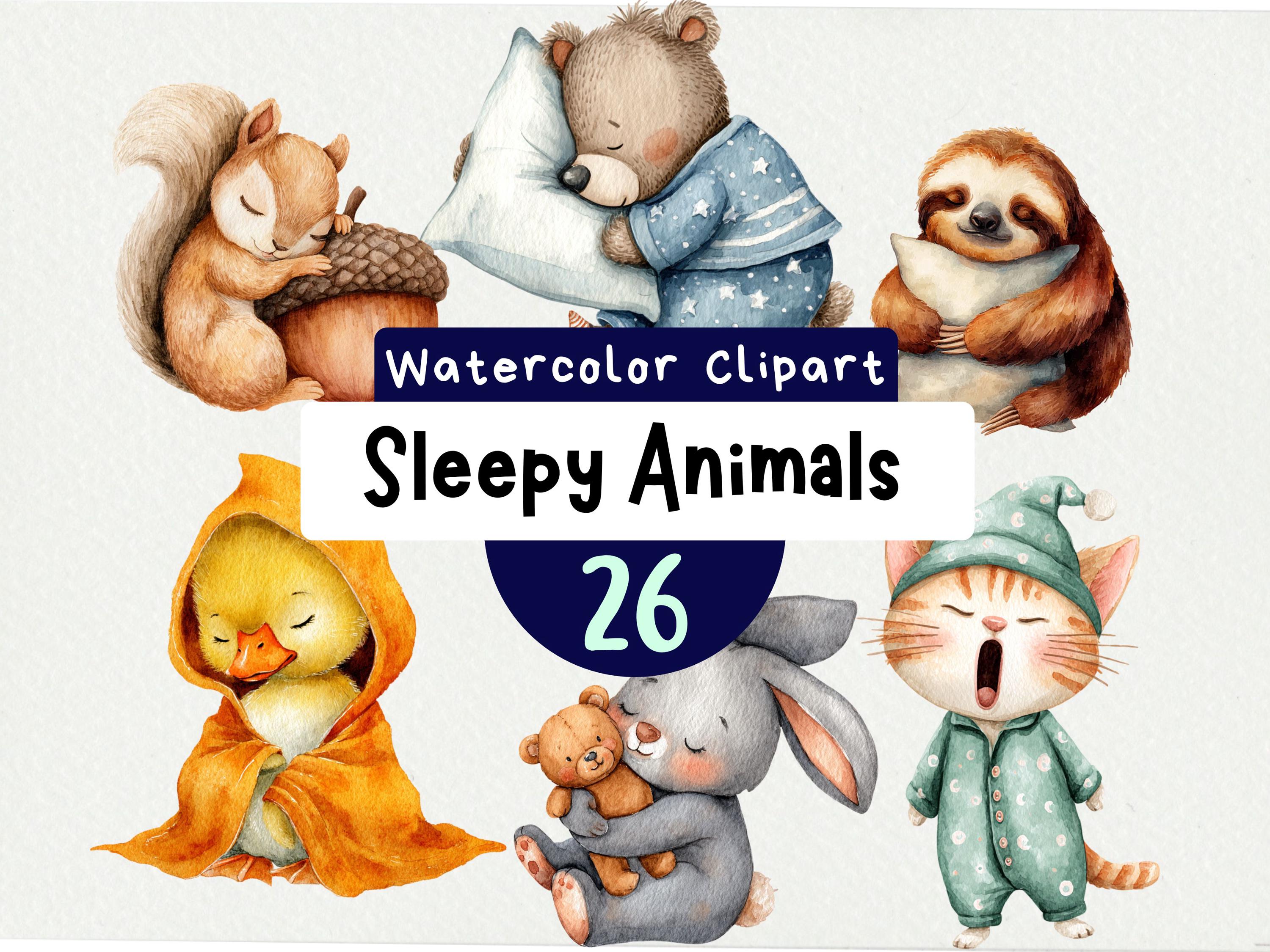 Cute Sleepy Animals Clipart 26 PNG, Watercolor Nursery Art, Sleeping ...