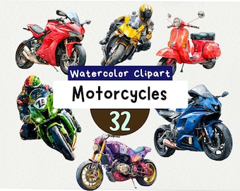 Watercolor Motorcycle Clipart, Racing Bike Illustrations (32 PNG, Instant Download)