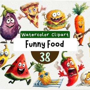 May include: Watercolor clipart featuring anthropomorphic food items. Includes a smiling eggplant, pizza slice, hamburger, carrot playing guitar, popsicle with sunglasses, banana, watermelon, pineapple, chili pepper, and egg. Text reads "Watercolor Clipart Funny Food 38."