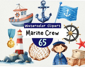 Puede incluir: Conjunto de imágenes prediseñadas de acuarela con ilustraciones de temática marina. Incluye un barco, un ancla, una bandera, un timón, un faro, una marinera, una estrella de mar y cajas de madera. Se muestra el texto "Marine Crew".