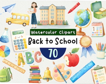 Joli retour à l'école Clipart 70 PNG, fournitures scolaires aquarelle et illustration pour enfants, lot de salle de classe, téléchargement immédiat éducation à l'art numérique