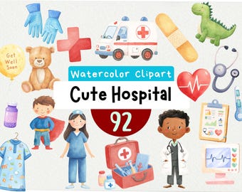 Cute Hospital Clipart 92 PNG, Watercolor Nursery Medicine Illustration,  Doctor and Nurse Bundle, Instant Download, Digital Art Ambulance