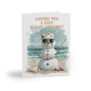 Beachy Christmas Greeting Cards, Holiday Cards, Snowman Cards, Summer Christmas, Beach-themed Cards, Fun Seasonal Cards