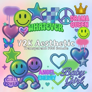 Y2K Aesthetic Clipart – Chrome & Neon Hearts, Stars, Drips, Spray Paint Elements – Digital Download