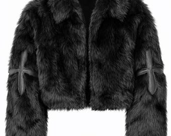 Black Fur Coat, Cropped Faux Fur Jacket with Long Sleeves for Women