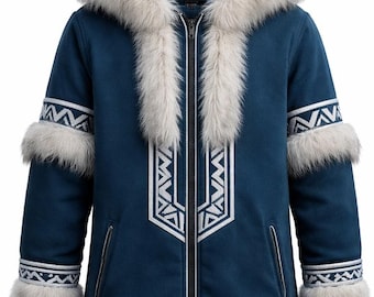 May include: A blue hooded jacket with white faux fur trim around the hood, cuffs, and hem. The jacket features a zipper closure and white geometric patterns on the front and sleeves. A winter coat.