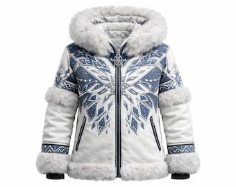 May include: A white and blue winter jacket featuring a hood with faux fur trim, a central zipper with a snowflake-shaped pull, and intricate geometric snowflake patterns across the chest and sleeves, finished with faux fur cuffs and hem.