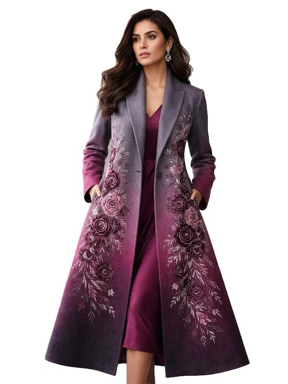 Grey Purple Ombre Wool Coat Women Floral Embroidery Long Flared Trench