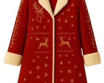May include: A red coat with a cream-colored collar, cuffs, and hem. The coat features gold embroidered reindeer and snowflake designs. The coat has a classic, longline silhouette, perfect for festive occasions.