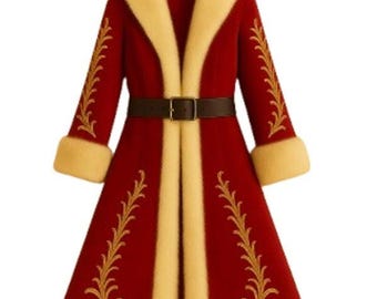 Red Wool Embroidered Coat | Luxury Christmas Cloak | Elegant Gold Embroidery | Holiday Jacket for Women