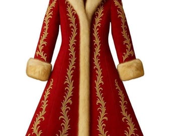 May include: A long red coat featuring a cream-colored fur collar, cuffs, and hem. The coat is decorated with gold-colored embroidery in a scrolling vine pattern that runs along the front opening and down the center of each sleeve.